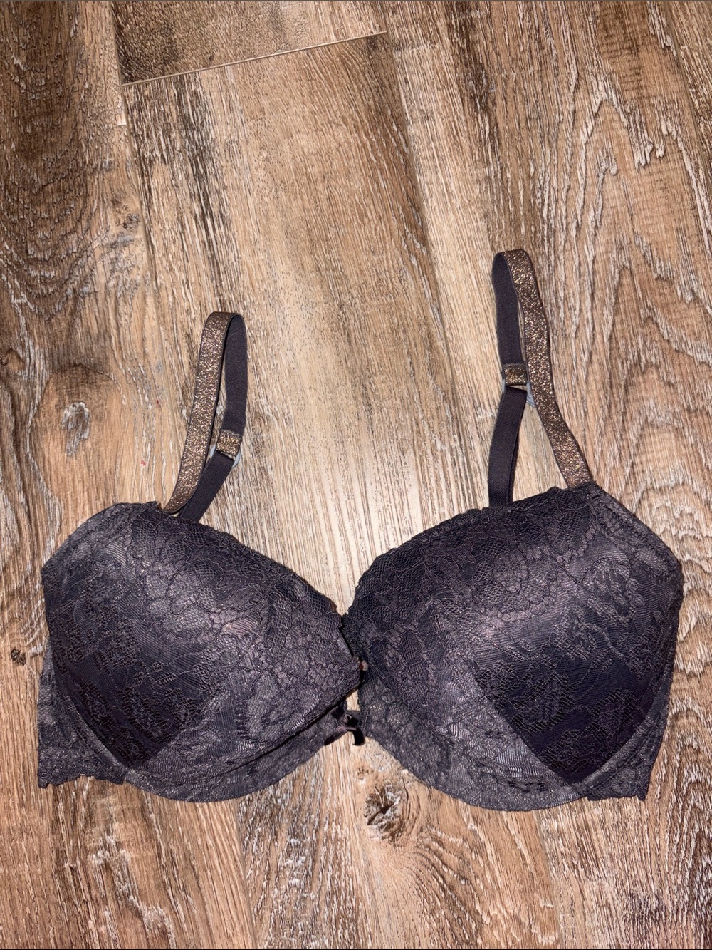 Dark grey Lace Push-Up Bra with Glitter Straps